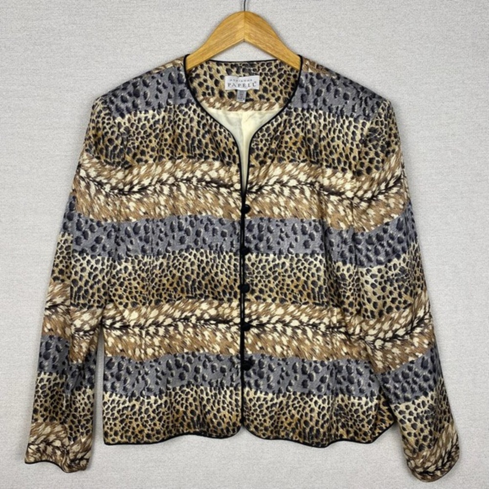 Vtg Y2K Adrianna Papell Blazer Womens L 100% Silk Leopard‎ Print Boxy Cropped